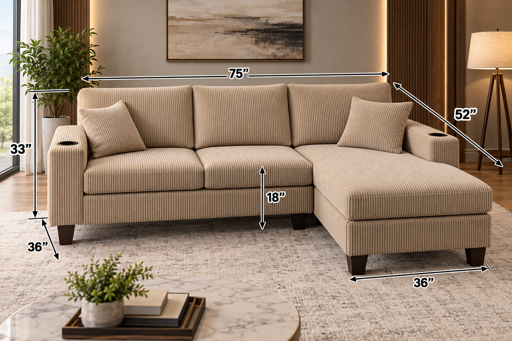 Modern 3-Seater Corduroy Sectional Sofa with Chaise & Cup Holders