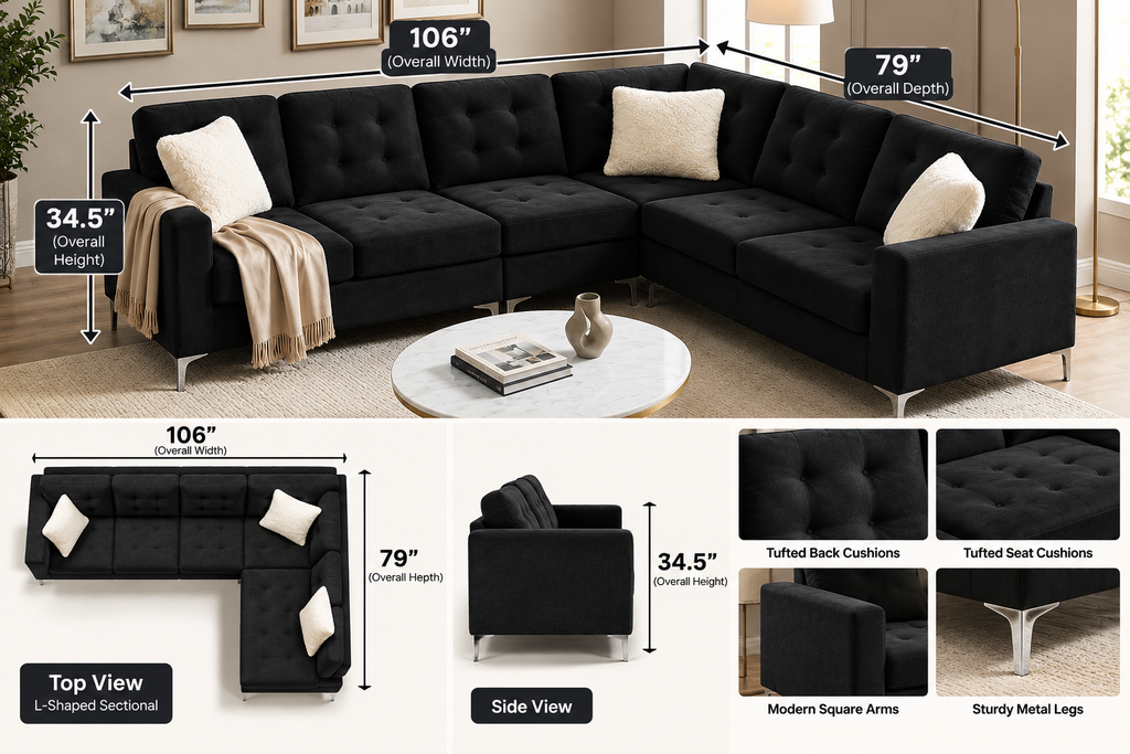 Luxury Velvet L-Shaped Sectional Sofa – Tufted Cushions & Modern Design