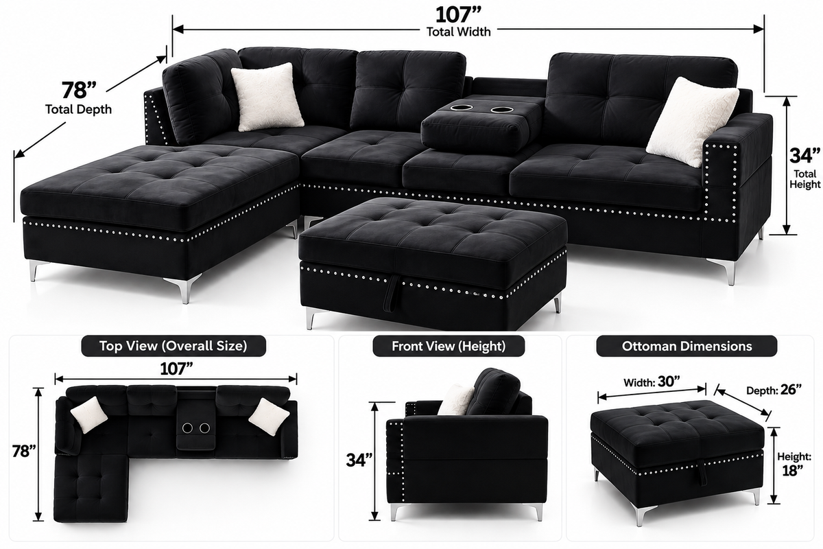Luxury Velvet L-Shaped Sectional Sofa with Chaise, Cup Holders & Ottoman