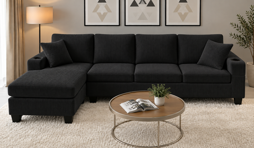 Luxury Corduroy L-Shaped Sectional Sofa with Chaise & Cup Holders