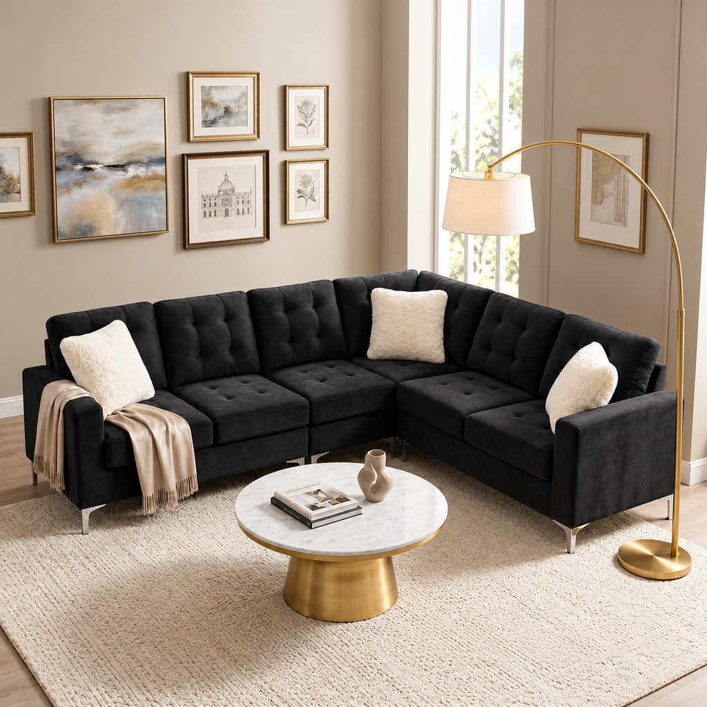 Luxury Velvet L-Shaped Sectional Sofa – Tufted Cushions & Modern Design