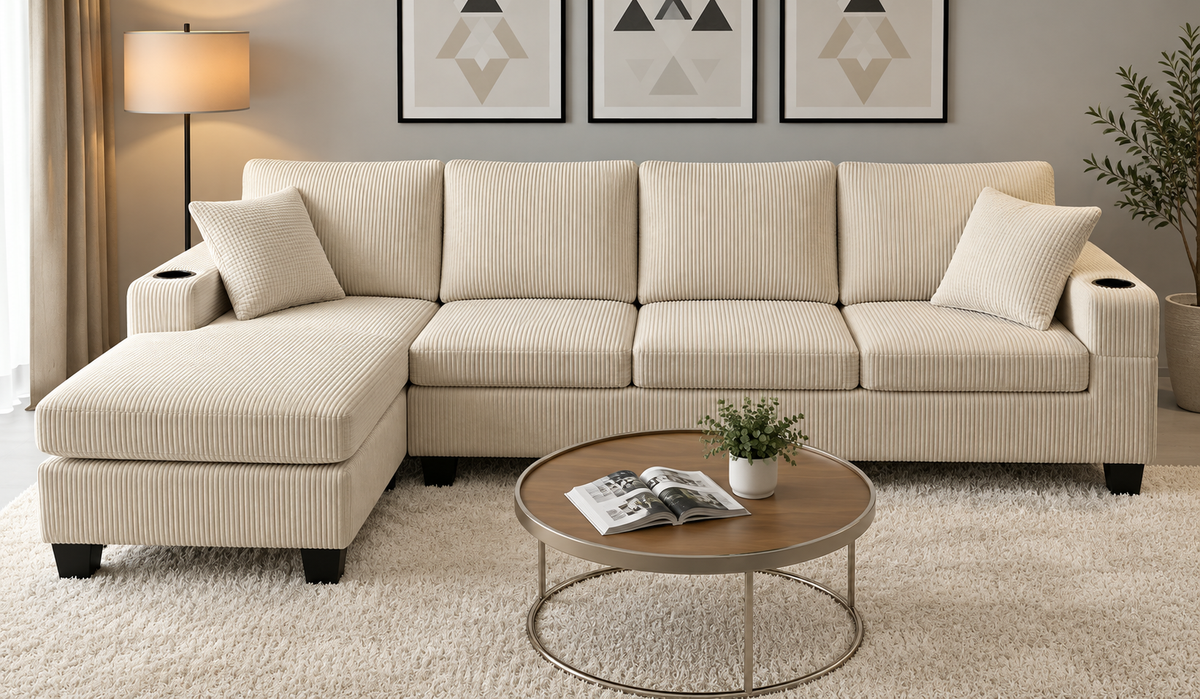 Luxury Corduroy L-Shaped Sectional Sofa with Chaise & Cup Holders
