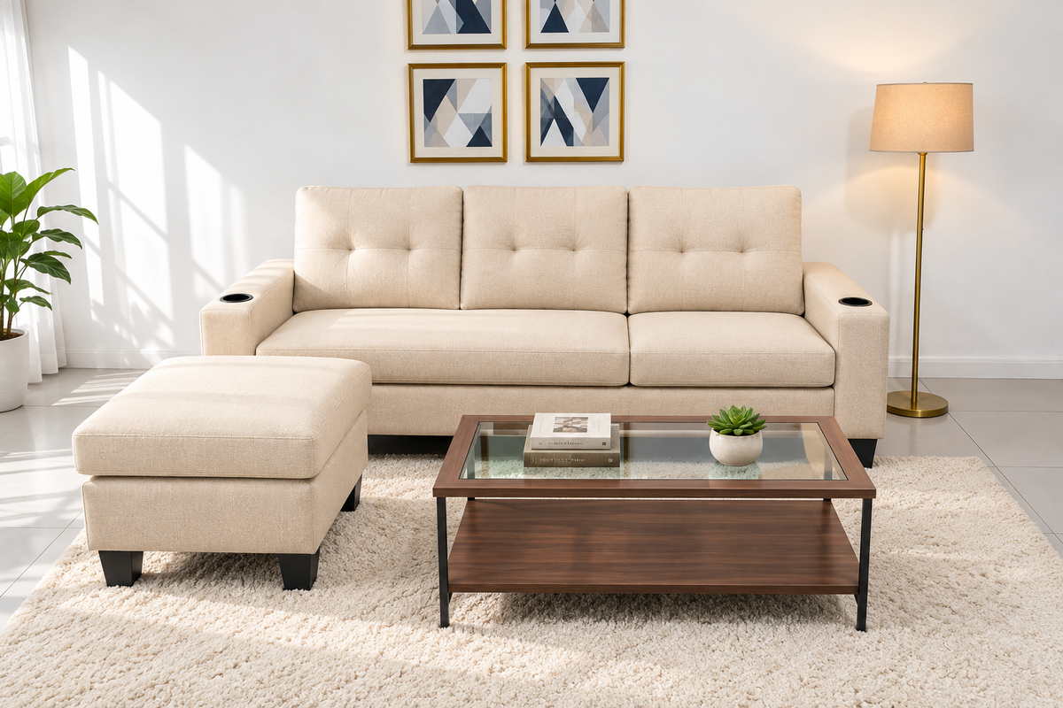Modern 3-Seater Linen Sectional Sofa with Reversible Ottoman & Cup Holders
