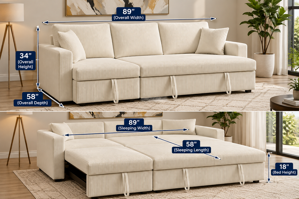 Modern 3-Seater Corduroy Pull-Out Sofa Bed – Convertible Sleeper Couch