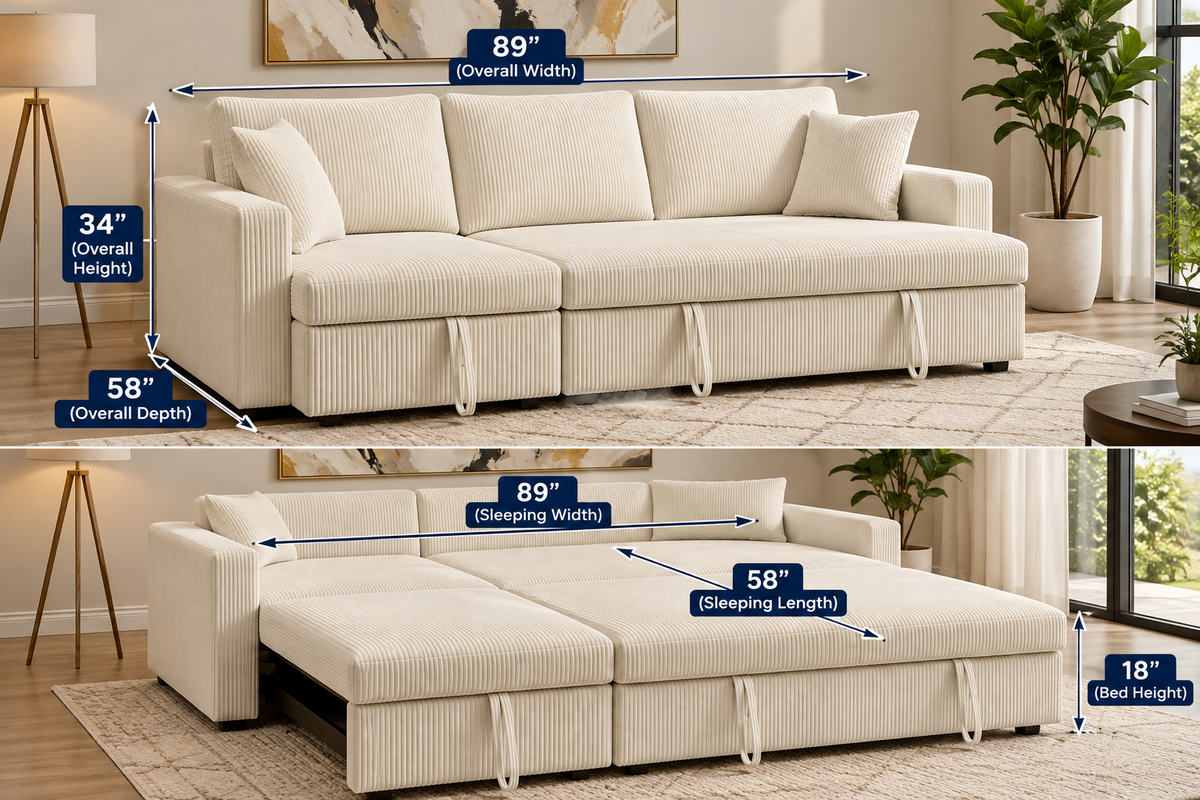 Modern 3-Seater Corduroy Pull-Out Sofa Bed – Convertible Sleeper Couch