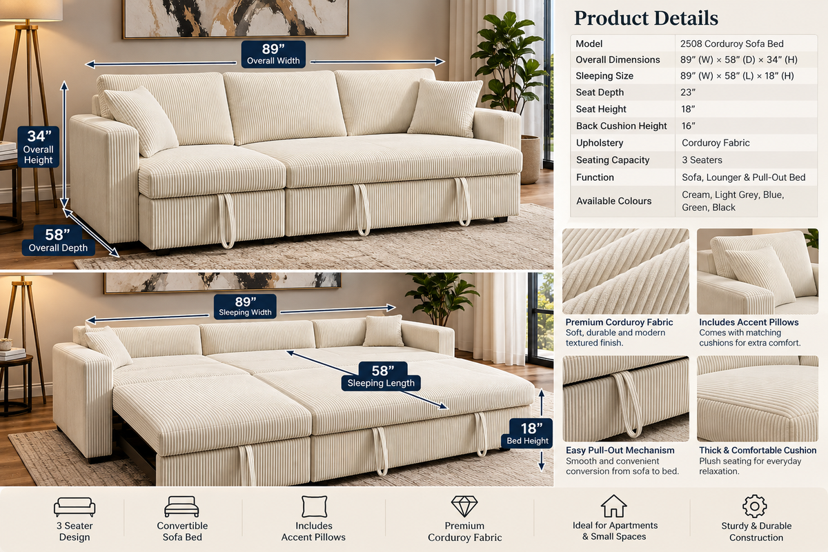 Modern 3-Seater Corduroy Pull-Out Sofa Bed – Convertible Sleeper Couch