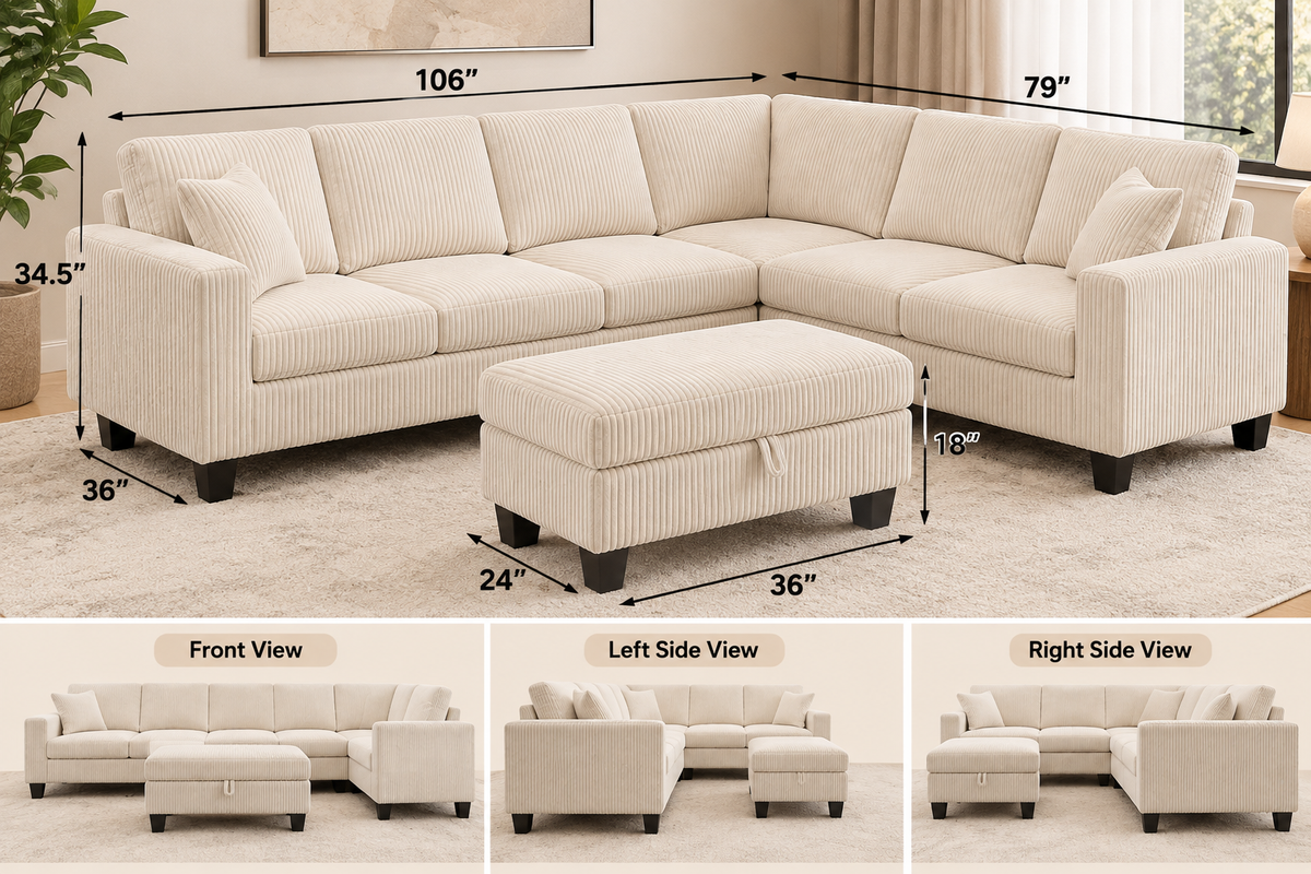 Modern L-Shaped Corduroy Sectional Sofa with Storage Ottoman