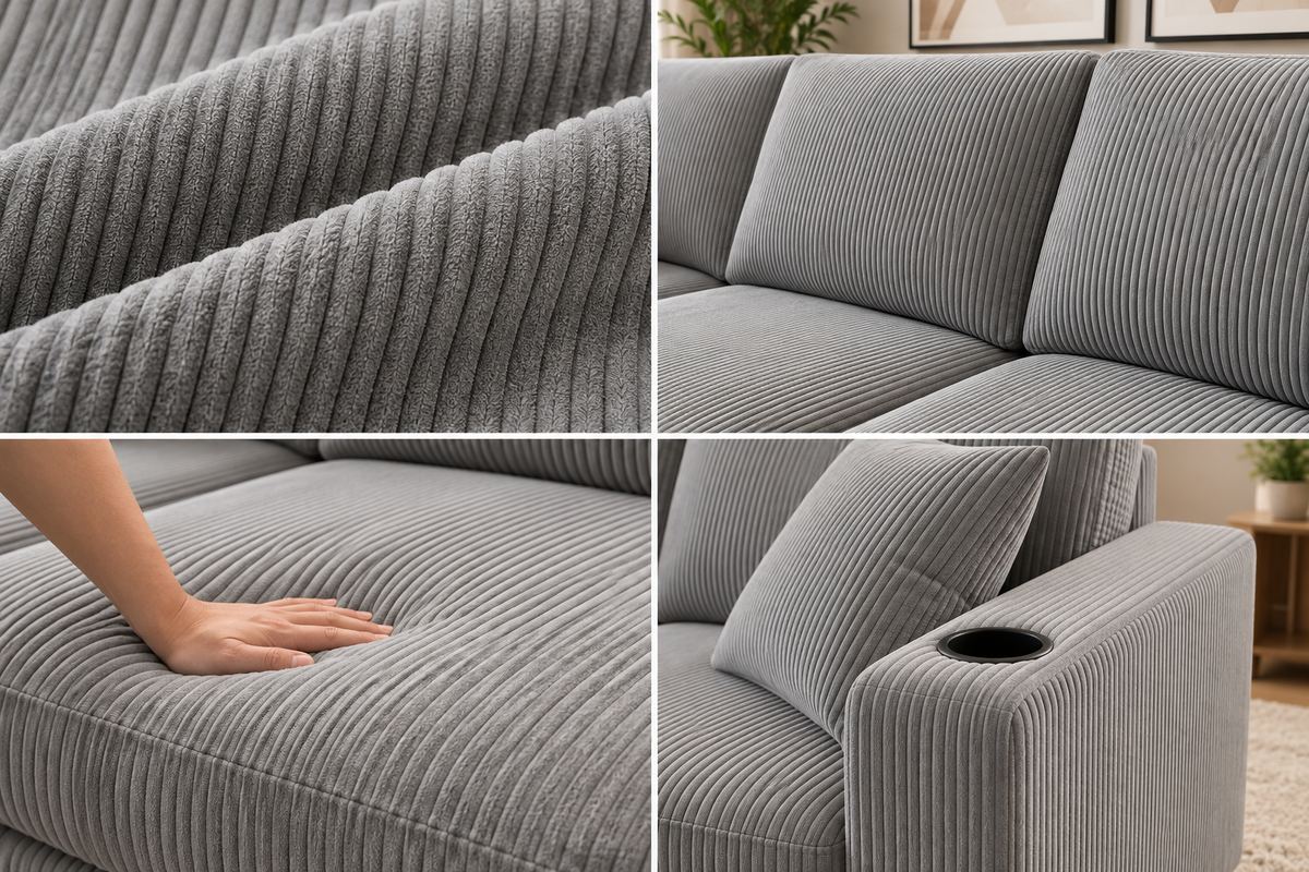 Luxury Corduroy L-Shaped Sectional Sofa with Chaise & Cup Holders