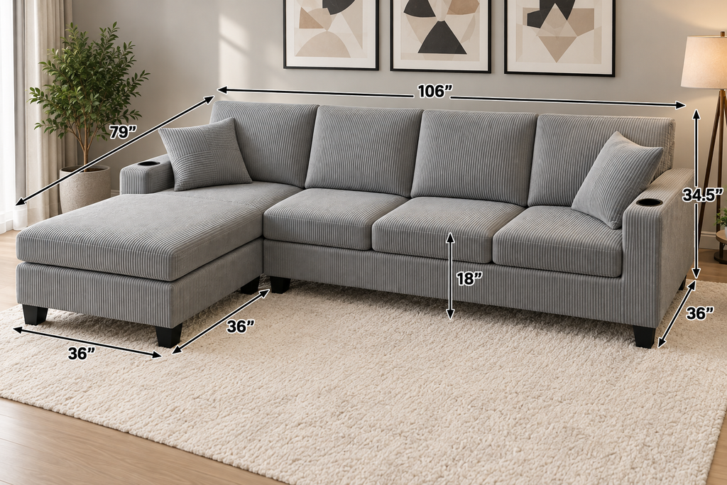 Luxury Corduroy L-Shaped Sectional Sofa with Chaise & Cup Holders