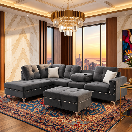 Luxury Velvet L-Shaped Sectional Sofa with Chaise, Cup Holders & Ottoman