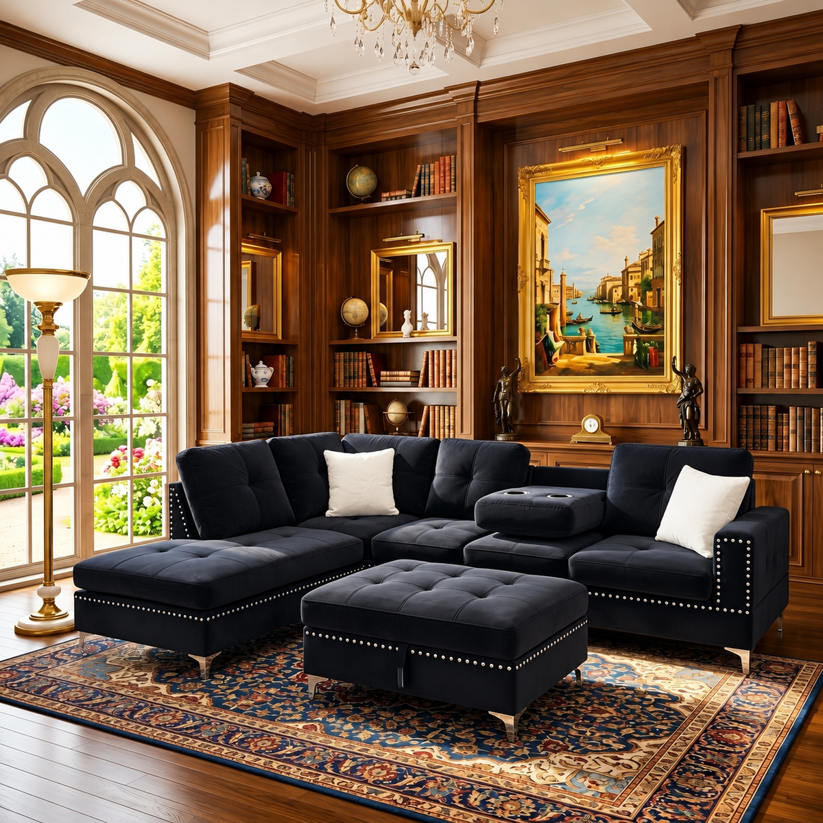 Luxury Velvet L-Shaped Sectional Sofa with Chaise, Cup Holders & Ottoman