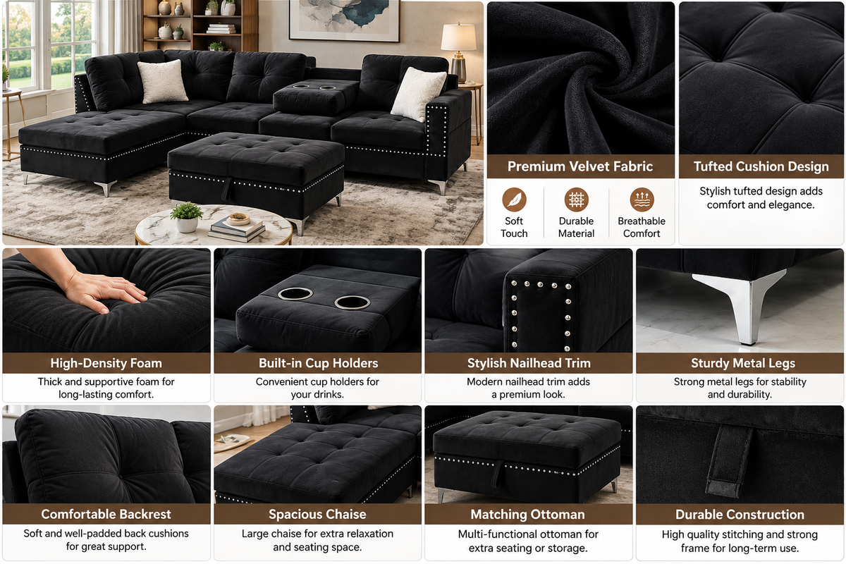 Luxury Velvet L-Shaped Sectional Sofa with Chaise, Cup Holders & Ottoman