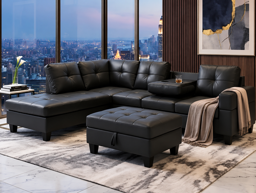 Luxury PU Leather L-Shaped Sectional Sofa with Storage Ottoman & Cup Holders