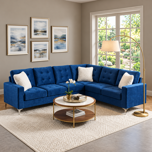 Luxury Velvet L-Shaped Sectional Sofa – Tufted Cushions & Modern Design