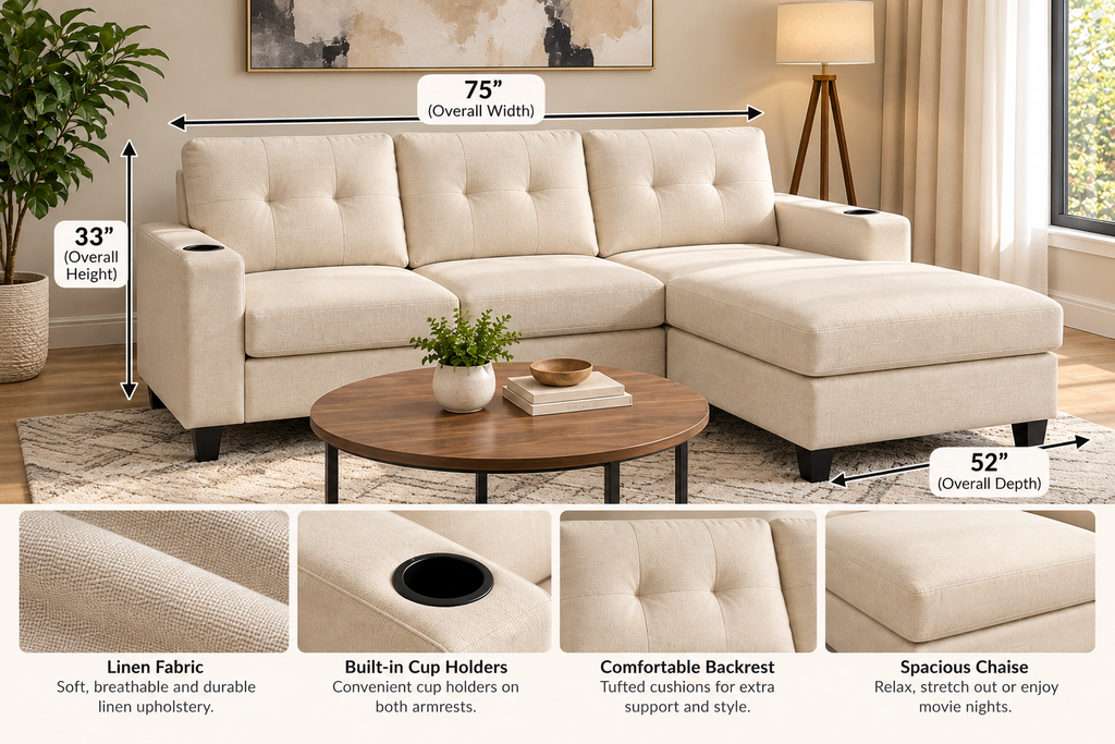 Modern 3-Seater Linen Sectional Sofa with Reversible Ottoman & Cup Holders