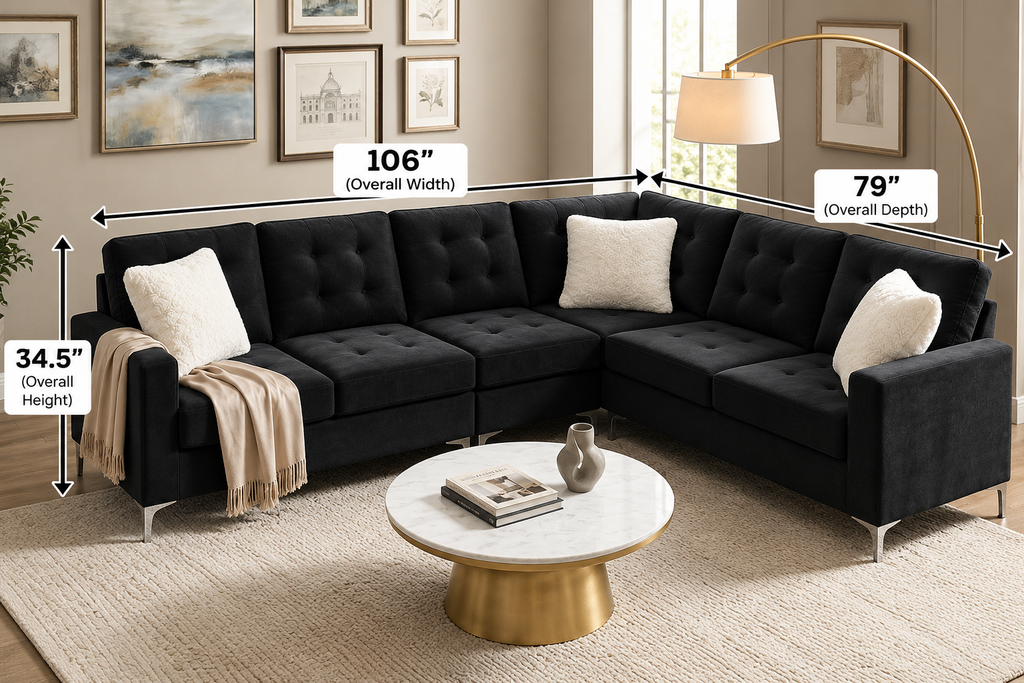 Luxury Velvet L-Shaped Sectional Sofa – Tufted Cushions & Modern Design