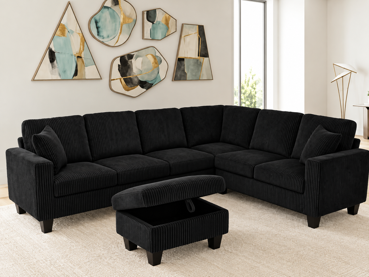 Modern L-Shaped Corduroy Sectional Sofa with Storage Ottoman