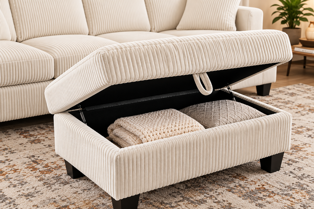 Modern L-Shaped Corduroy Sectional Sofa with Storage Ottoman