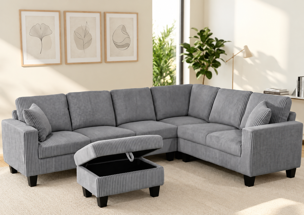 Modern L-Shaped Corduroy Sectional Sofa with Storage Ottoman