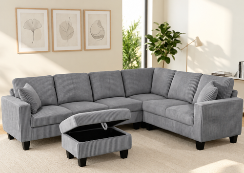 Modern L-Shaped Corduroy Sectional Sofa with Storage Ottoman
