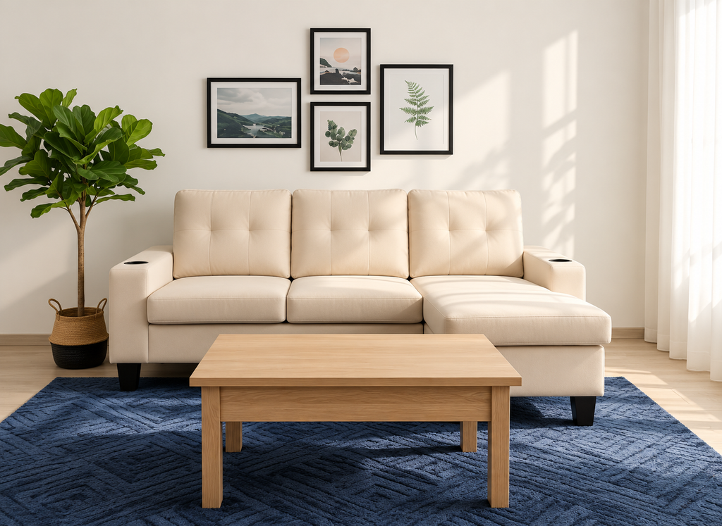 Modern 3-Seater Linen Sectional Sofa with Reversible Ottoman & Cup Holders