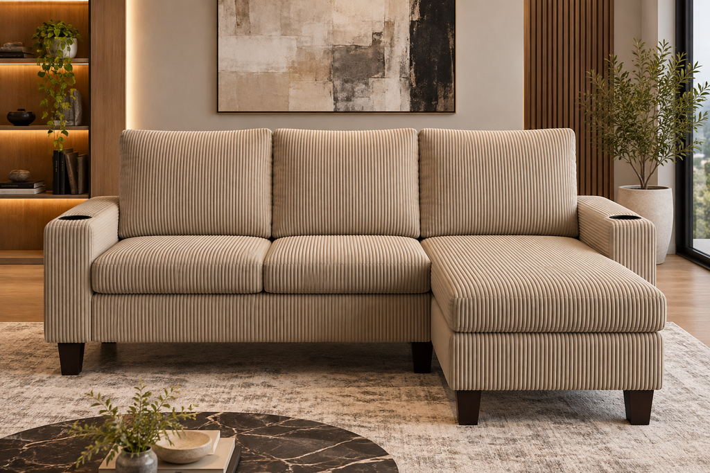 Modern 3-Seater Corduroy Sectional Sofa with Chaise & Cup Holders